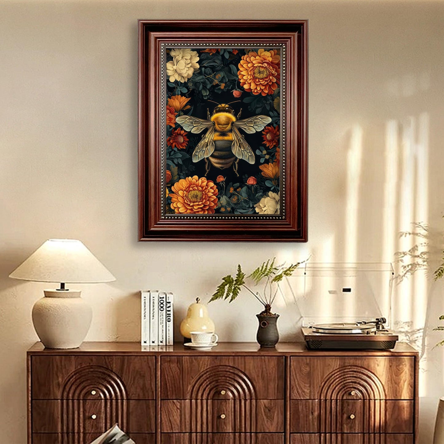 Framed William Morris Bee Canvas Wall Art Retro Mid Century Country Insect Wall Decor Pictures Dark Academia Botanical Floral Poster Prints for Office Living Room Bedroom Home Decoration 12x16in