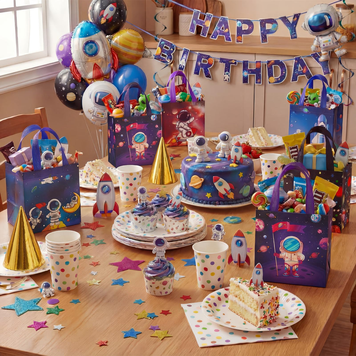 Kigeli 18 Pcs 6 Style Space Goodie Bags, Space Party Favors Large Non-woven Gifts Bags with Handles, Astronaut Planet Rocket Goodie Candy Tote for Baby Shower, Galaxy Theme Birthday Party Supplies
