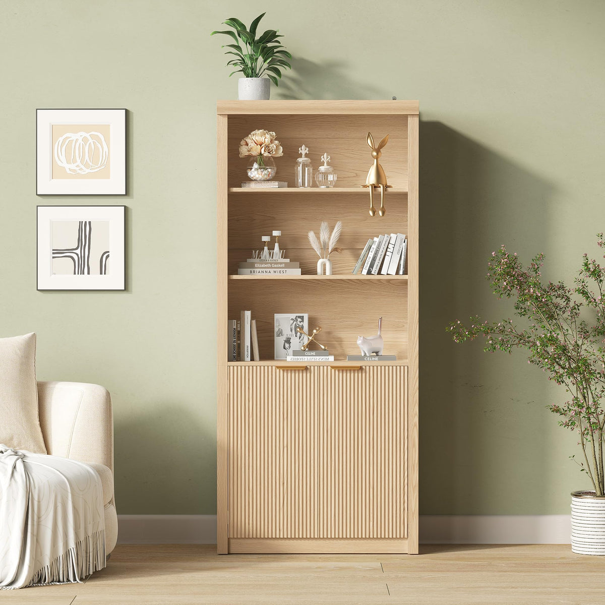 Modern Tall Book Shelf and Bookcase, 31.5"Wide Bookshelf with Doors, Farmhouse Book Case with Adjustable Top Shelf, Wood Storage Cabinet with 5 Tier Display Shelves for Home Office, Living Room,Oak