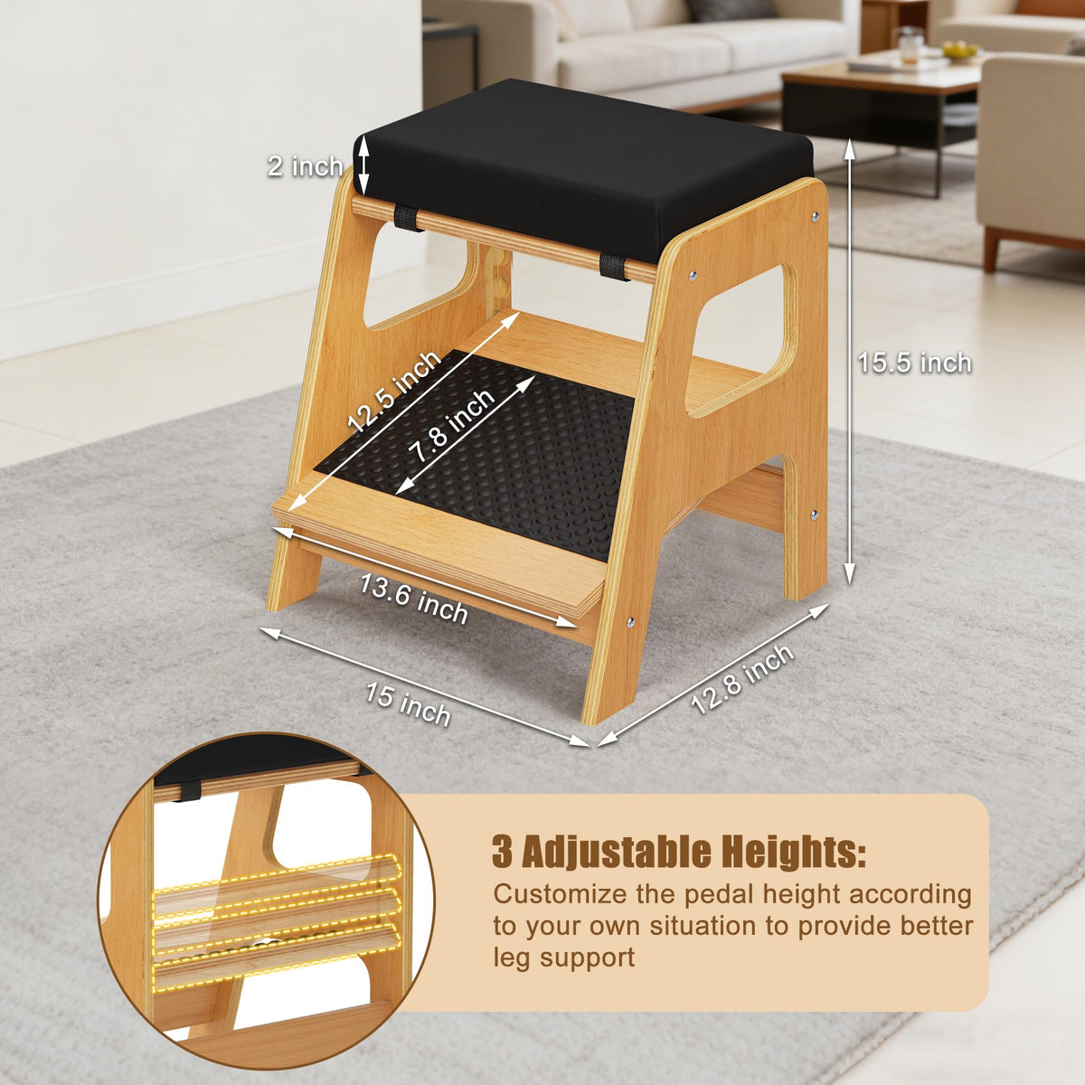 WWMFS Adjustable Wooden Foot Rest, Double Step Footstool with 3 Height Levels, Cushioned Top & Non-Slip Base, Ergonomic Under Desk Leg Rest for Office Home