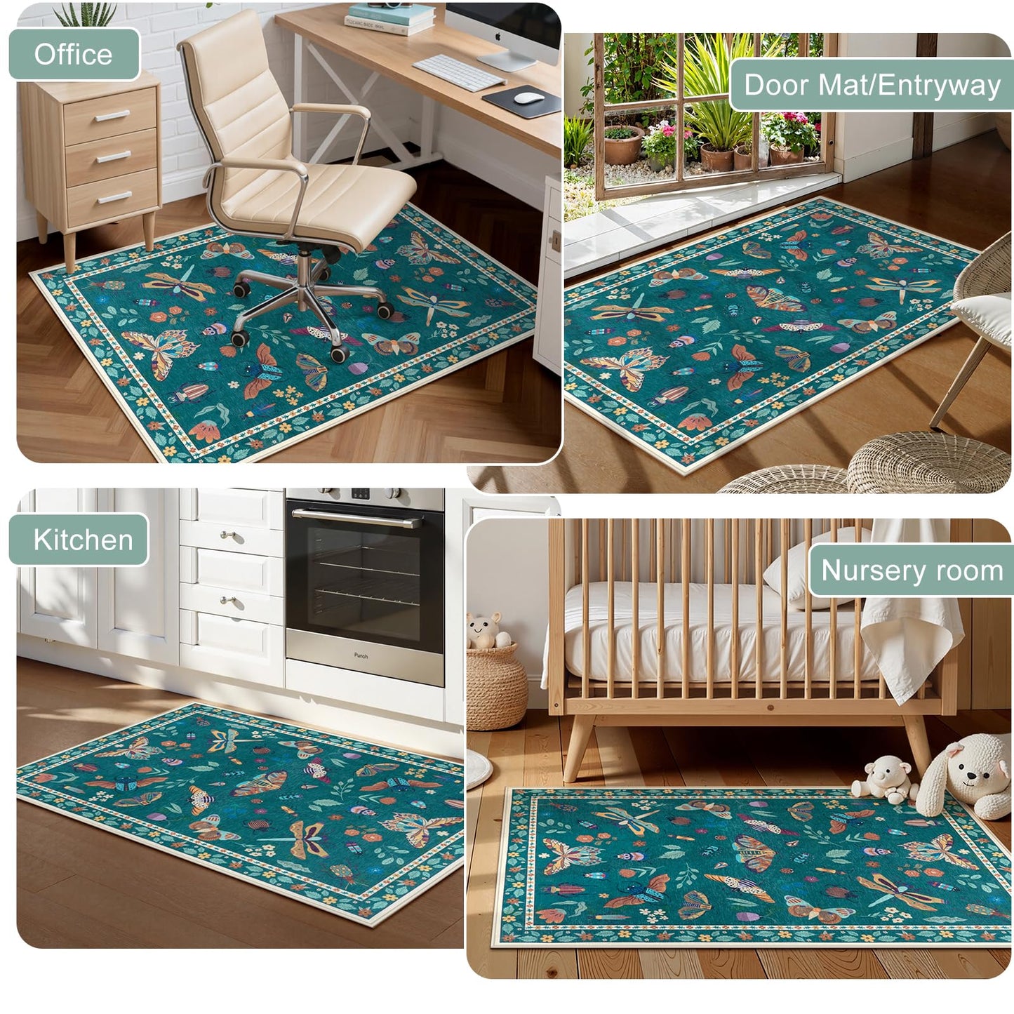 Anidaroel 36"x48" Office Chair Mat for Hardwood Floor, Anti-Slip Floor Mat for Office Chairs, Insect Print Office Rugs for Rolling Chairs, Low Pile Dark Green Desk Chair Mats for Hardwood