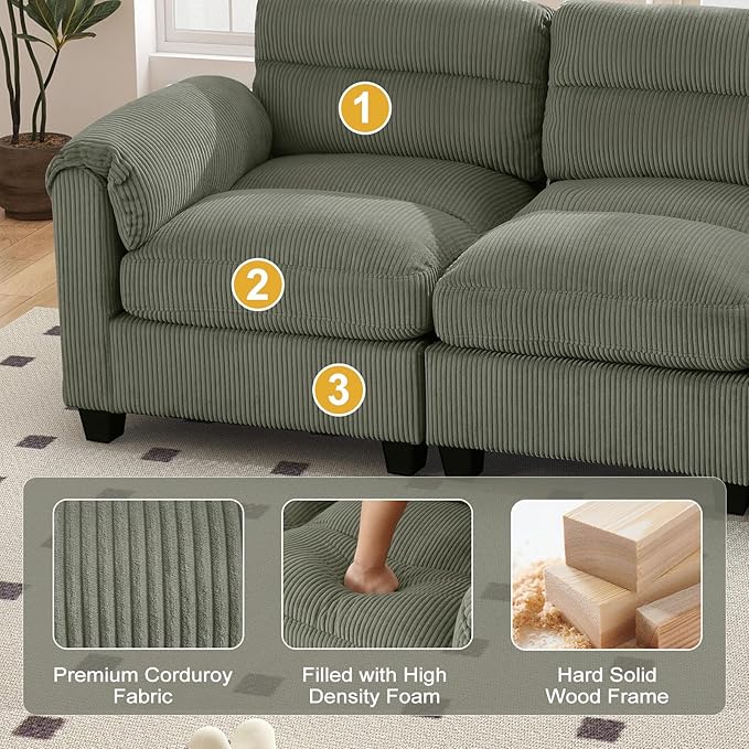 HAOMARKETS Corduroy Sofa Set, Upholstered Ottoman Footrest, Modern Living Room