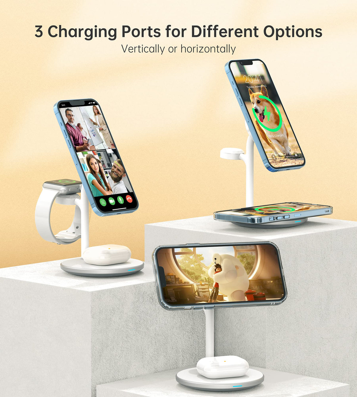 XooFly 3 in 1 Wireless Charging Station for Apple Devices, Fast Wireless Mag-Safe Charger Stand with 20W Adapter for iPhone 17 16 15 14 13 12 Pro Max/Air/Plus/Pro,iWatch,AirPods-Gift for Wife&Husband