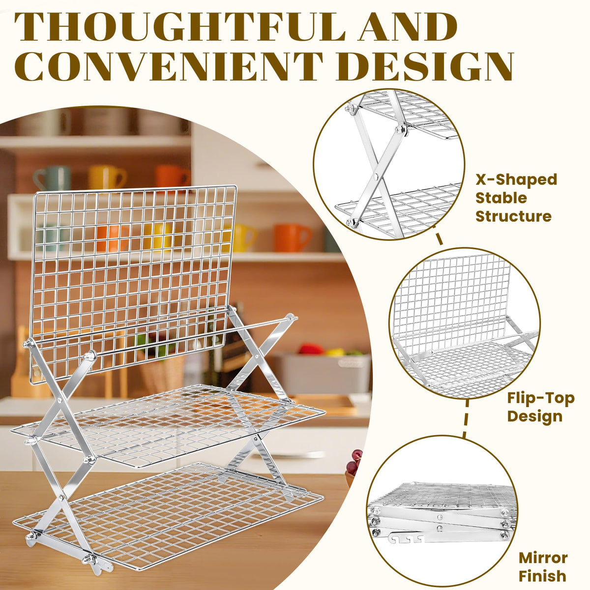 BEWOS 3-Tier Collapsible Cooling Rack - Adjustable Stainless Steel Baking Rack with X-Shaped Design and Leak-Proof Mesh Surface, Mirror Polished & Dishwasher Safe Cooling Rack