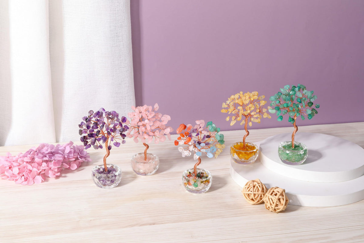 Jovivi Small 7 Chakra Crystals Tree, Natural Crystal Healing Stones Tree Glass Bowl Base Gemstone Money Trees Feng Shui Good Luck Home Desk Decor