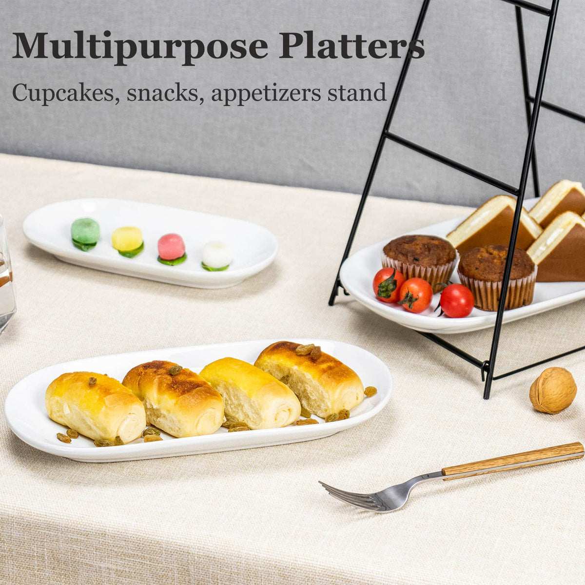UNICASA 3 Tier Serving Tray for Parties – White Oval Porcelain Serving Platters and Trays with Collapsible Metal Stand – Tiered Dessert Stand for Cake, Snacks, Appetizers, Fruits, Chips & Dips