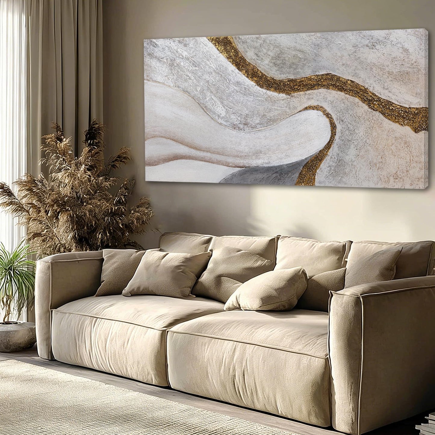 ZUNARE Modern White and Gold Abstract Canvas Wall Art Textured Posters Picture Flowing Line Design Minimalist Artwork for Living Room Bedroom Office Neutral Wall Decor 24x48 Inch