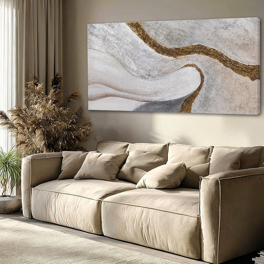 ZUNARE Modern White and Gold Abstract Canvas Wall Art Textured Posters Picture Flowing Line Design Minimalist Artwork for Living Room Bedroom Office Neutral Wall Decor 24x48 Inch