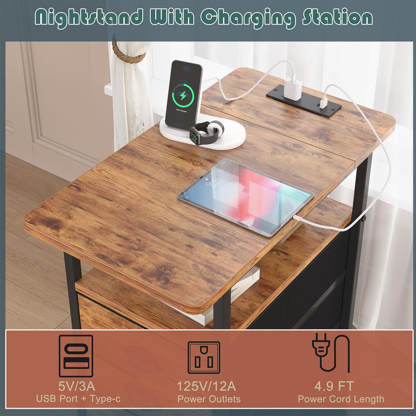 sthmec End Table with Charging Station, Side Tables Livingroom with USB Ports and Outlets,Narrow Nightstands Bedside Tables with 3 Drawers for Small Space,Slim Sofa Table Bedroom,Rustic Brown