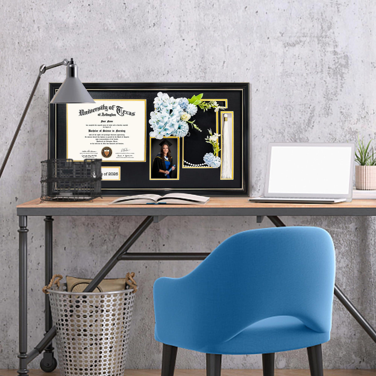 GraduationMall Class of 2026 Graduation Shadow Box Frame for 8.5x11 Diploma, 4x6 Picture with Cap & Tassel Holder, Black Wood Display Case with Black Gold Mat