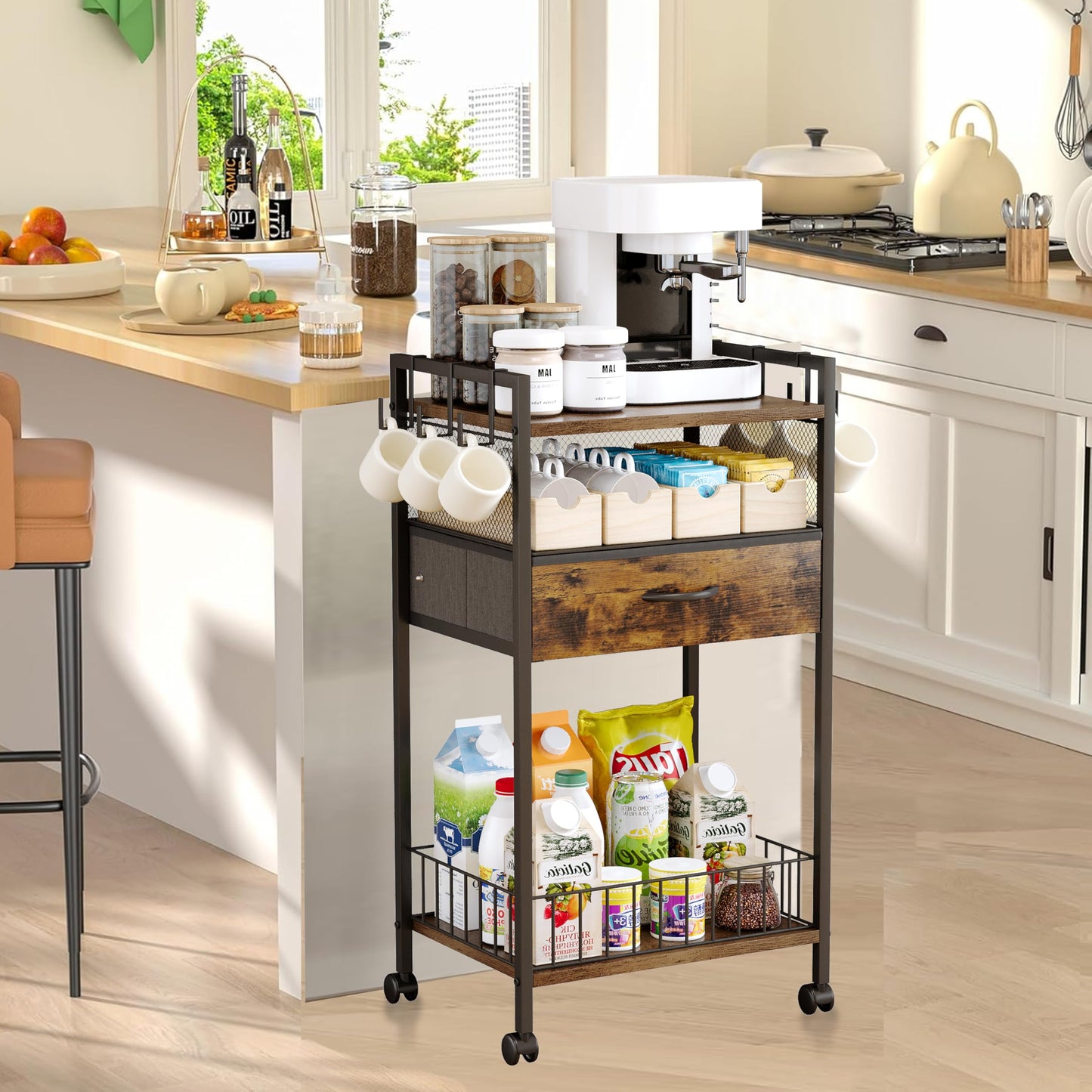 Dsmadn Small Coffee Bar Cart with Drawer Srorage, Office Coffee Bar Station Organizer Mug Cup Holder Stand, K Cup Holder Rack for Home Buffets & Sideboards for Kichen, Entryway, Living Room (Black)