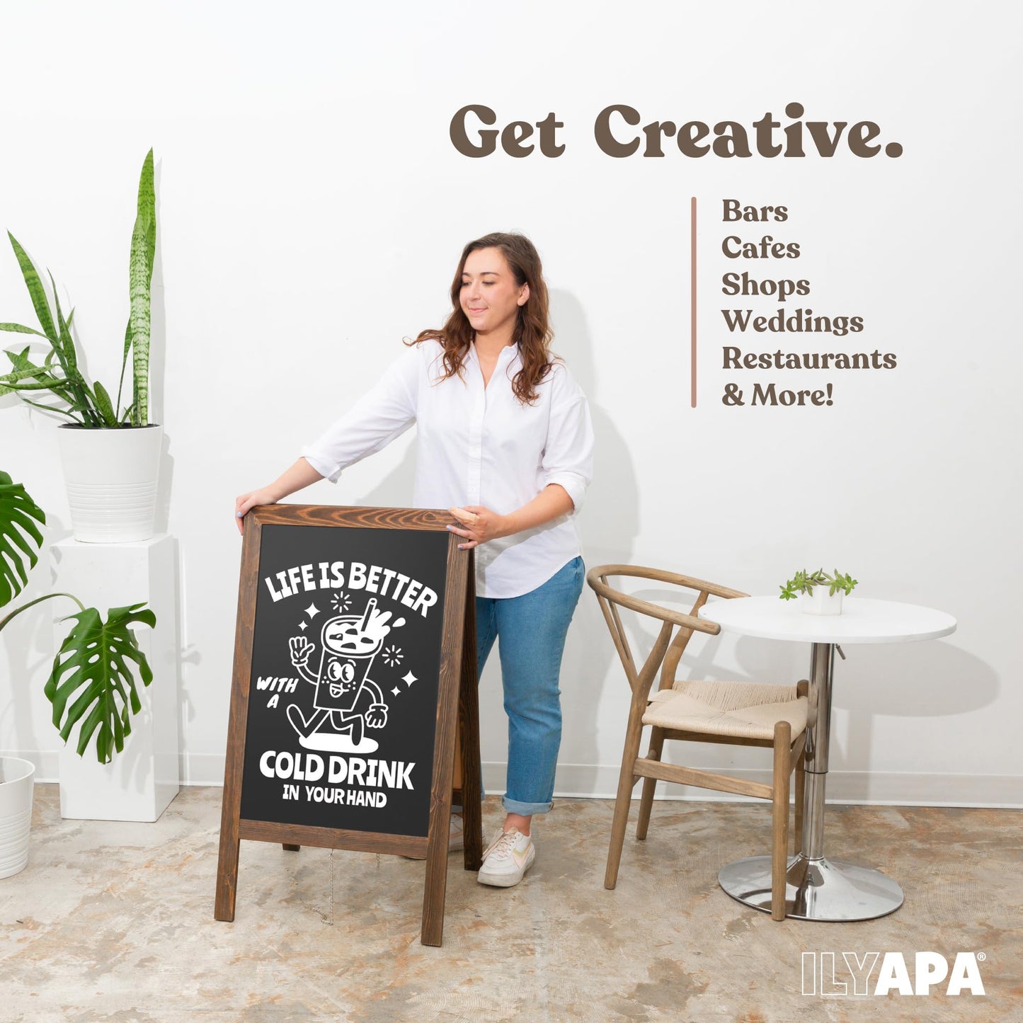 Ilyapa Wooden A Frame Sign Sandwich Board Signs Outdoor with Eraser & Chalk - 40x20 Inches Magnetic Chalk Board Easel Sign – Rustic Natural Wood Sidewalk Chalkboard Signs Menu for Restaurant, Business
