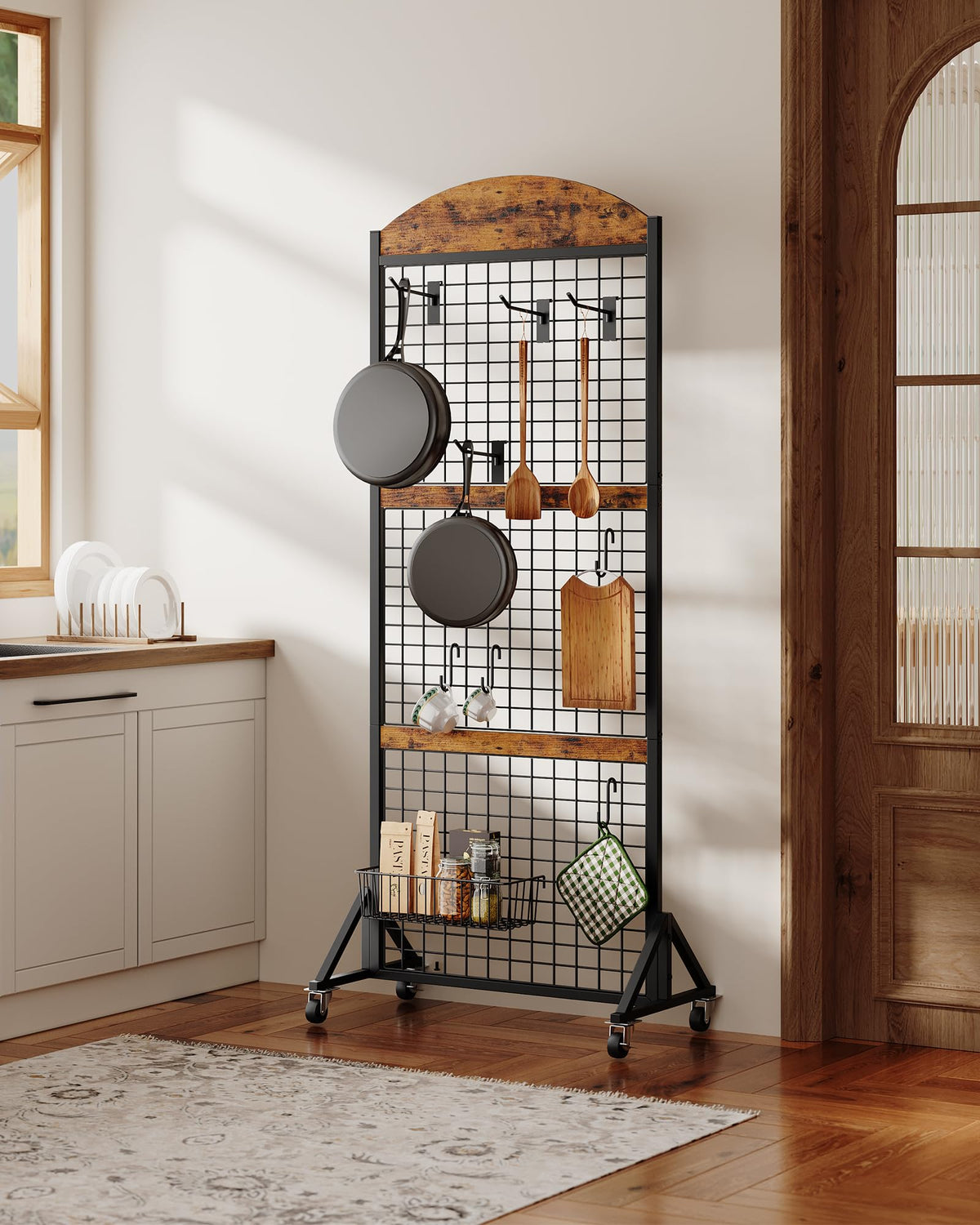 CHOEZON Grid Wall Panel 5.7’ x 2’ FT Grid Display Rack, Movable Gridwall Display Stand with Wheels,Floorstanding Wire Grid Rack with 4 S-Shaped Hooks and 4 Garment Hooks Rustic Brown and Black TCJ17BF
