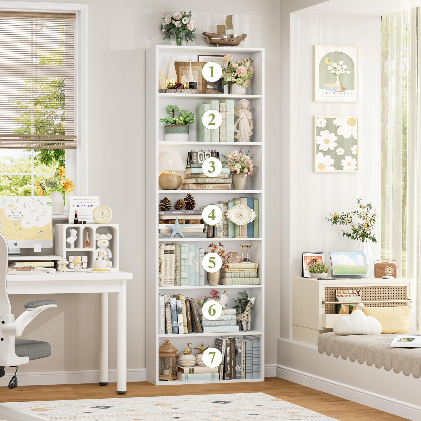 FACBOTALL 82" Tall Bookshelf, 7-Tier Open Shelves Bookcase, Freestanding Display Storage Shelves, Tall Bookcase Home Decor Furniture for Home Office, Living Room, Bedroom, White