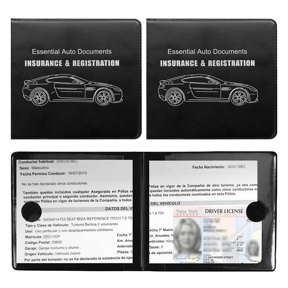 Ziciner Car Registration Insurance Holder, 2Pack Essential Auto Card Document Glove Box Organizer with Velcro Closure, Vehicle Interior Accessories Perfect for Most Car, Truck, SUV (Black/Big Car)