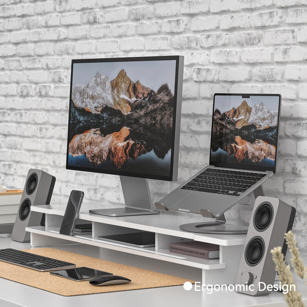 WELL WENG Monitor Stand Dual Monitor Stand Riser for Desk,Wood Desk Shelf Storage Organizer with Phone Tablet Holder (42.5 Inch, White)