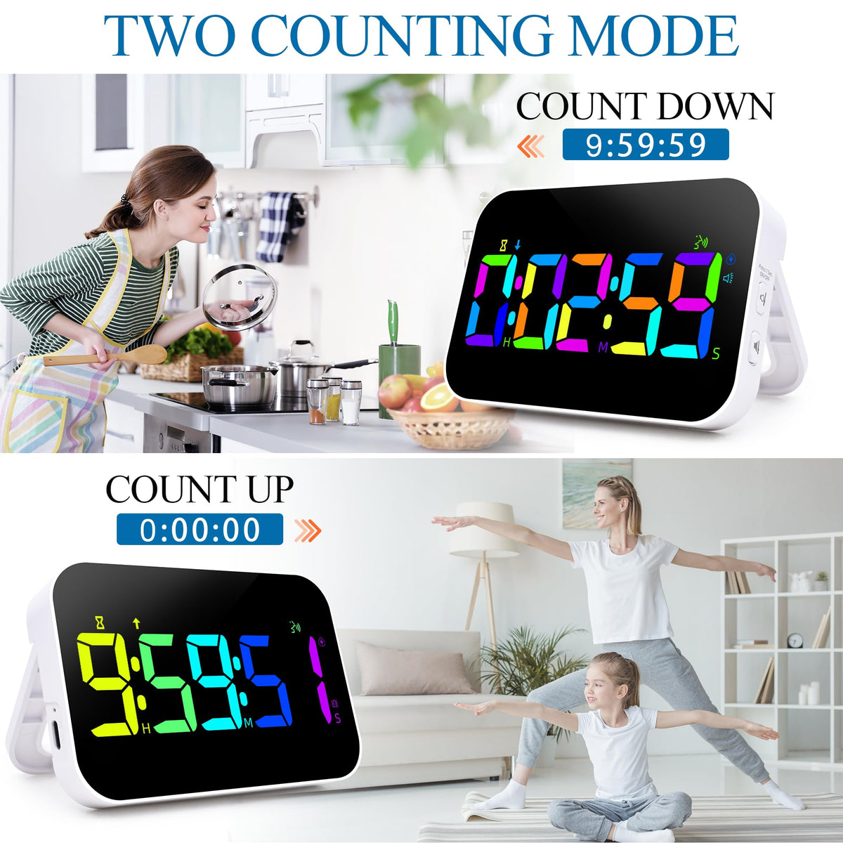 Kitchen LED Digital Timer Rechargeable, RGB Count Down Up Digital Timer with Vioce Reminder for Kitchen Classroom Cooking Study, Vibration Mode 3 Level Adjustable Volume and Brightness