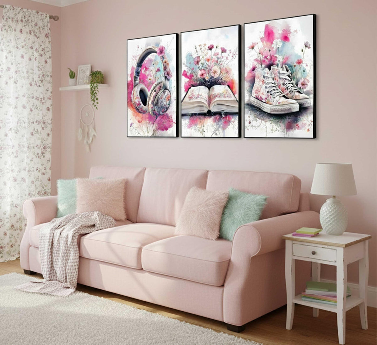 3Pcs Teen Girls Bedroom Canvas Wall Art Fashion Headphones Book and Shoes Pink Watercolo Splash Flower Painting Pictures Wall Decor Print Artwork for Living Room Dorm Home Decoration Unframed