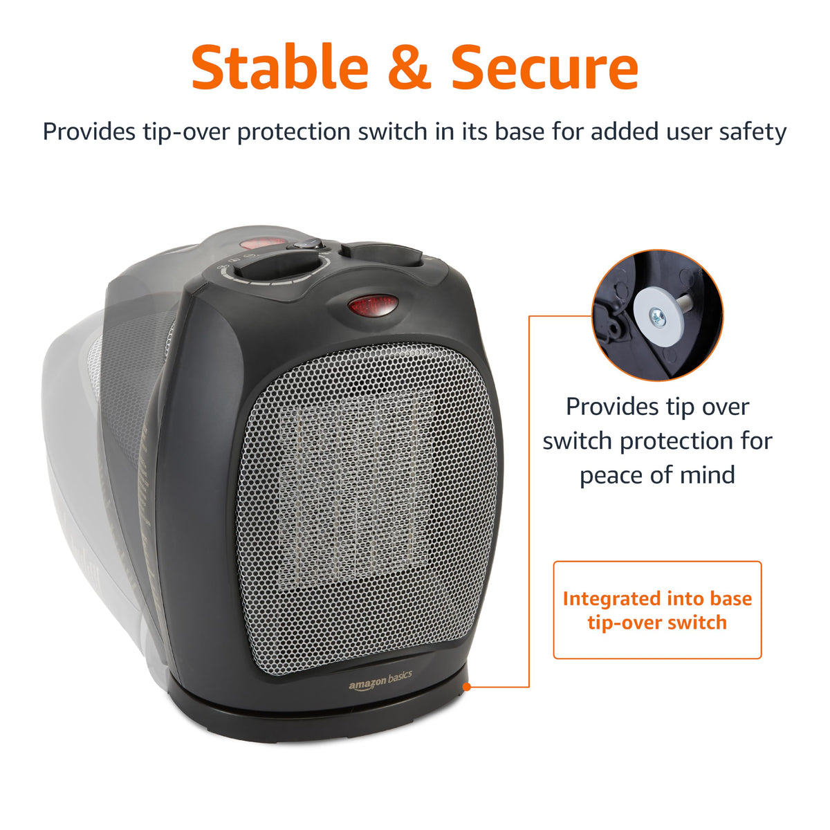 Amazon Basics Oscillating Ceramic Space Heater, Portable Fast Heating Indoor Solution, With Overheat and Tip-Over Protection, Thermostat, 1500W, 7.52"D x 6.34"W x 9.45"H, Black