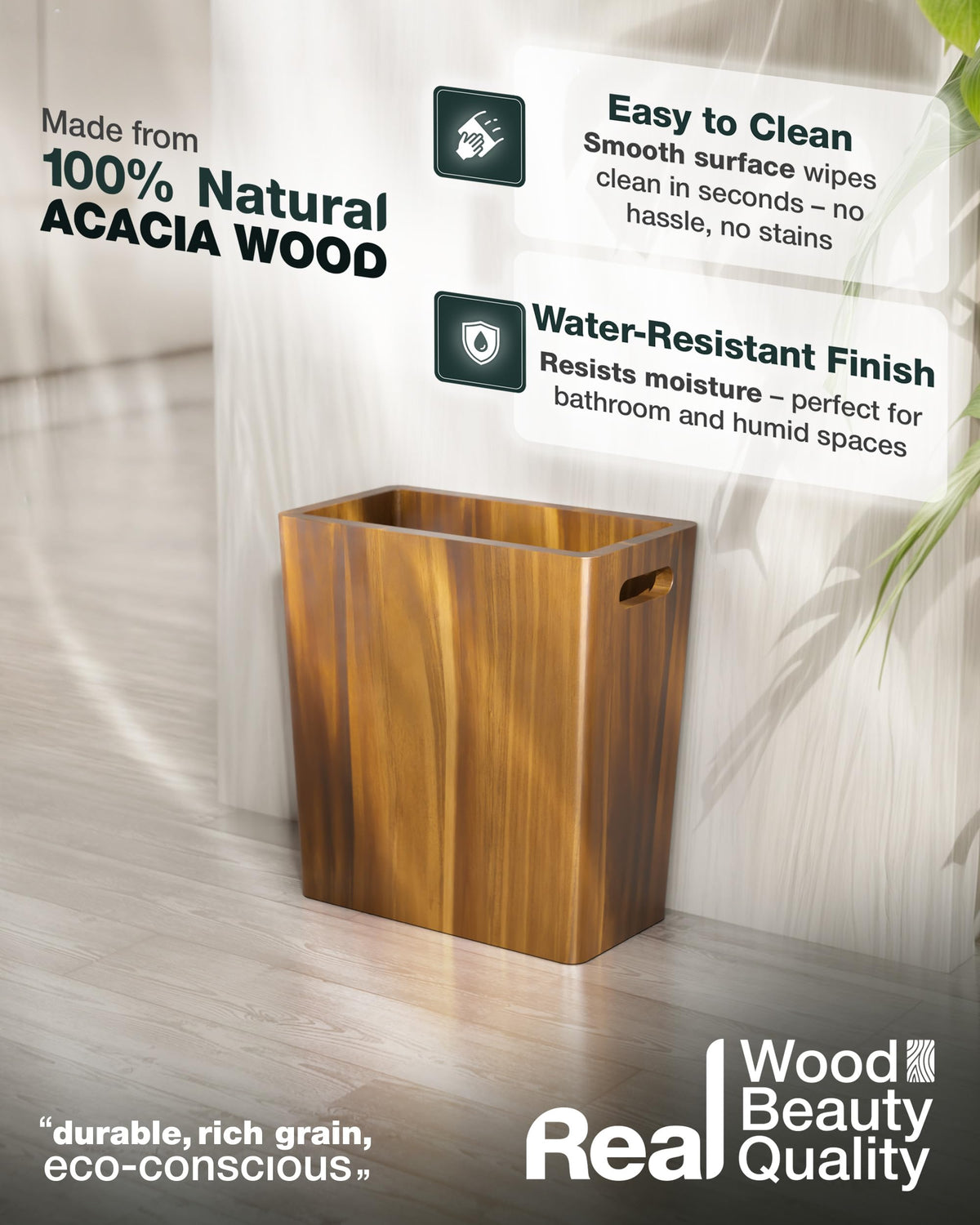 BLUEWEST 2.6 Gallons Wooden Wastebaskets – Solid Acacia Wood Trash Can with Handles, Rectangular Bin for Bathroom, Bedroom, Kitchen, Office – Brown Decorative Basket for Living Room or Under Counter
