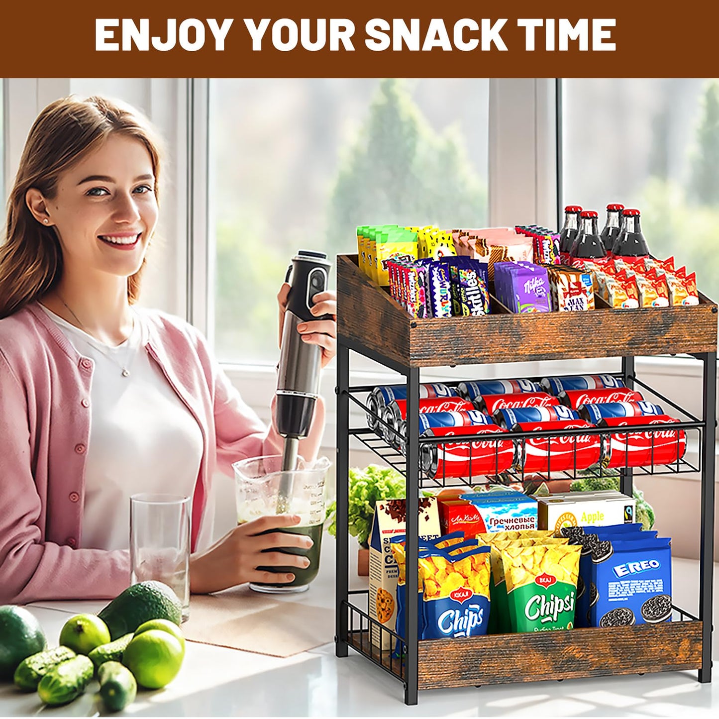 Kssiaz Candy Display Rack, 3 Tier Snack Rack Display for Countertop, Snack Organizer for Pantry, 6 Adjustable Compartment, Retail Display Shelf for Kitchen, Counter, Office, Brown