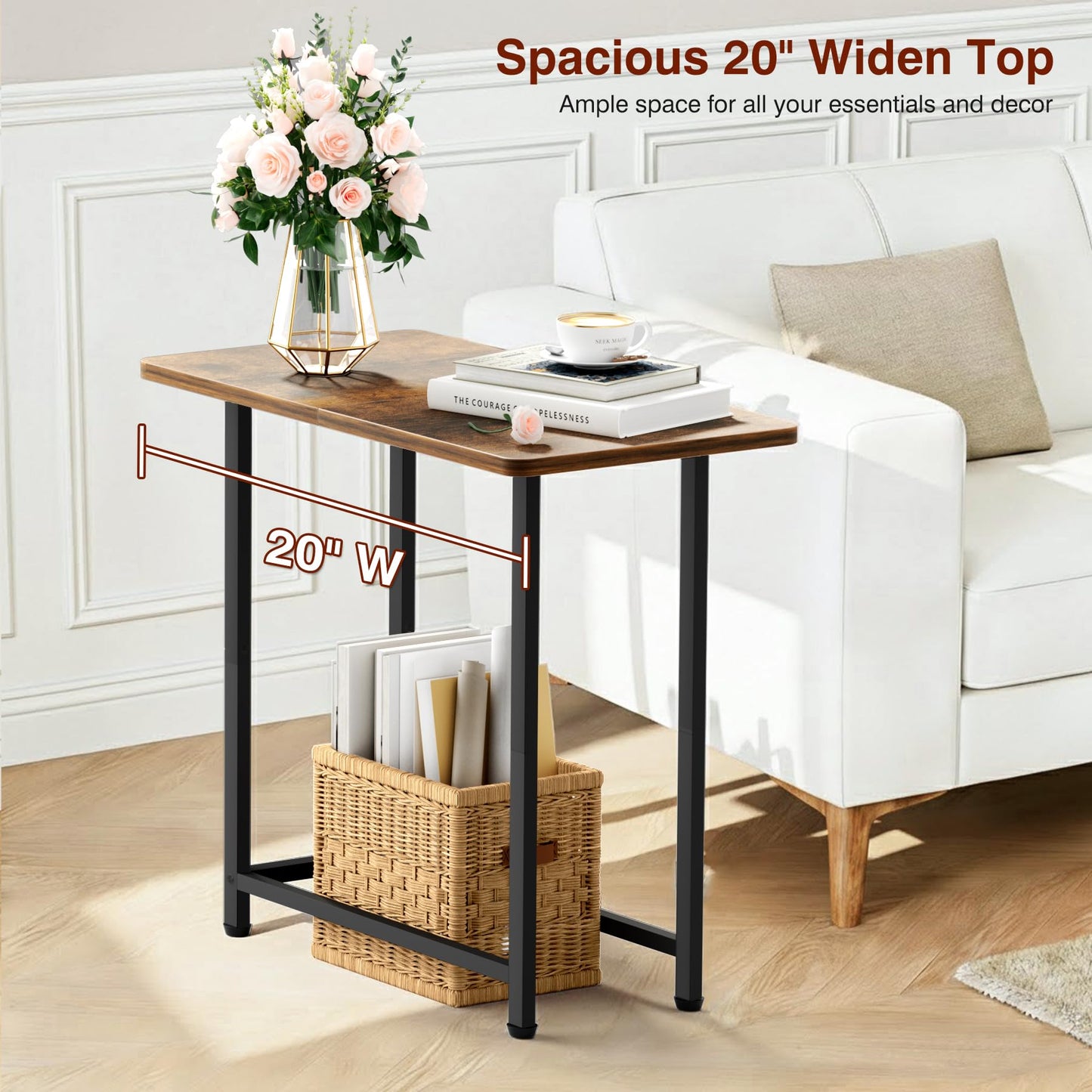 MISSLO Narrow End Table Living Room with Large Tabletop, Sofa Couch Side Table Bedroom Slim Nightstand for Small Space, Rustic Brown