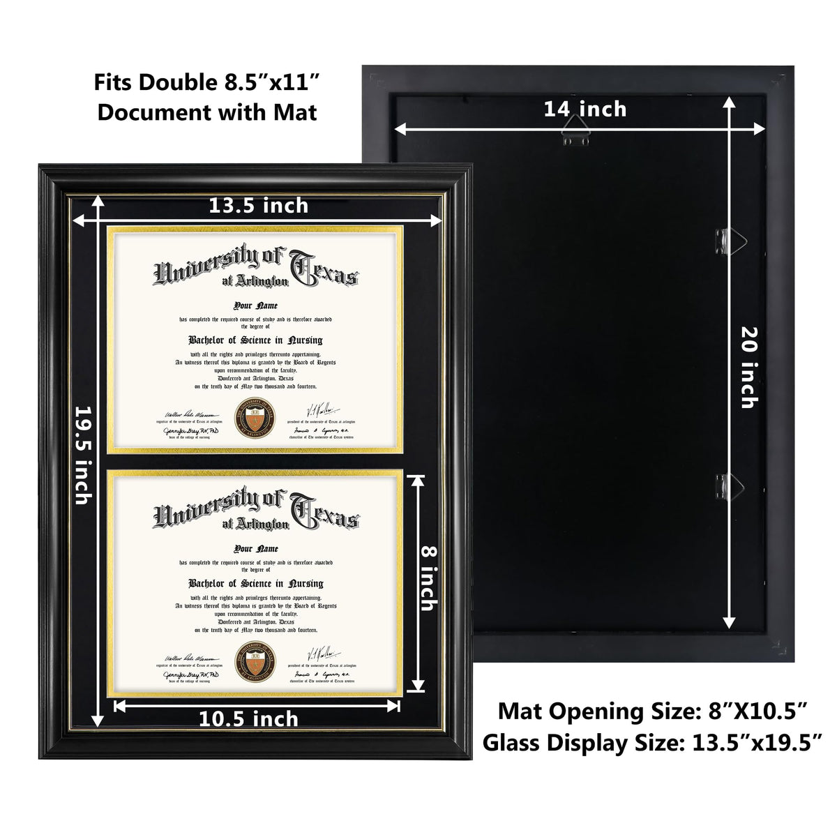 GraduationMall Double 8.5x11 Diploma Frame,Solid Wood & Tempered Glass,Black Finish with Gold Trim,Black & Gold Mat