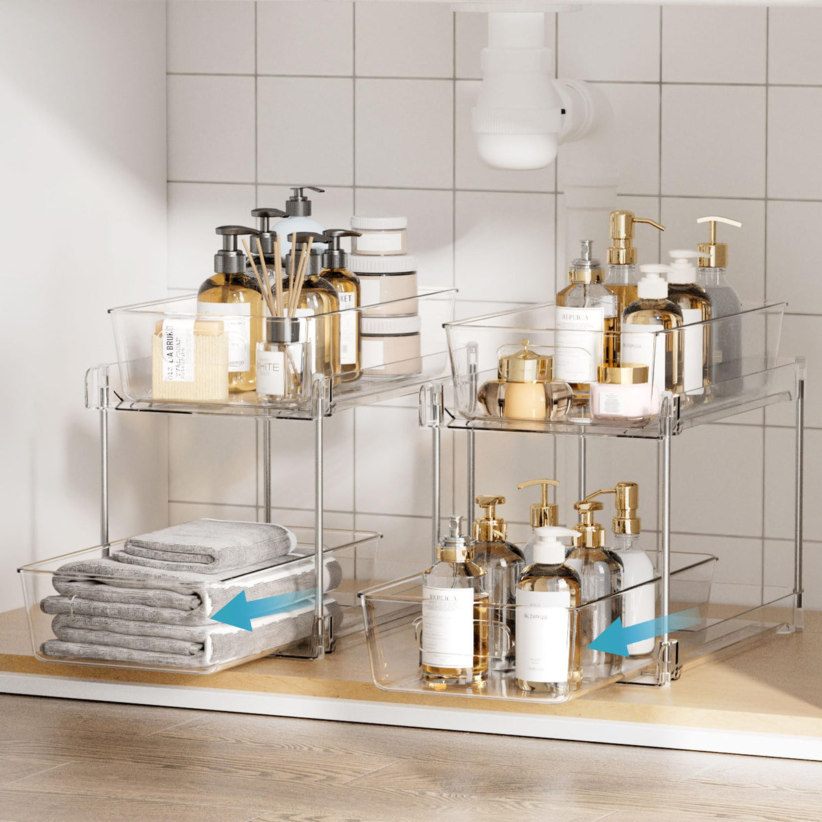 Vtopmart 2 Tier Bathroom Storage Organizer, 2 Pack Clear Under Sink Organizers Vanity Counter Container, Cabinet Drawers Bins, Pull-Out Organization with Track for Pantry, Kitchen