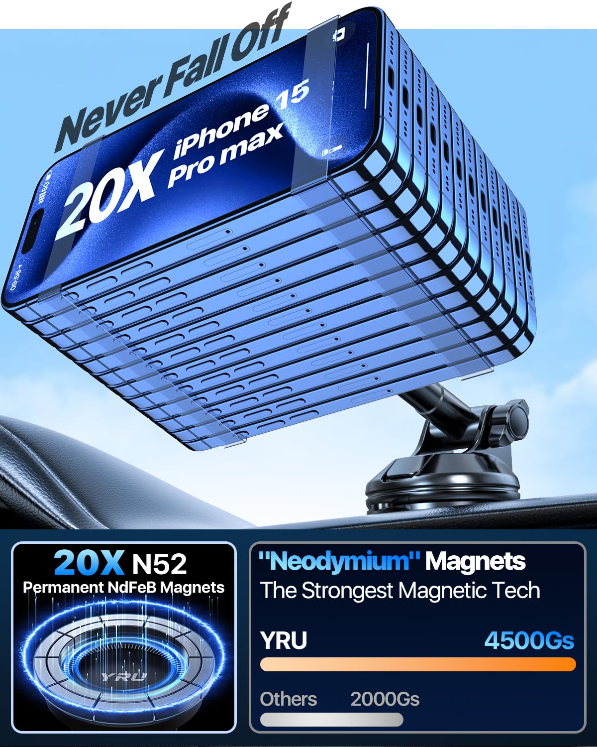 YRU Upgraded Magnetic Phone Holder Car【Patented & Super Magnet】 for MagSafe Mount Dashboard Windshield Vent Magnet Phone Cradle Stand for iPhone 17 16 15 14 13 12 Pro Max Samsung Truck, Black