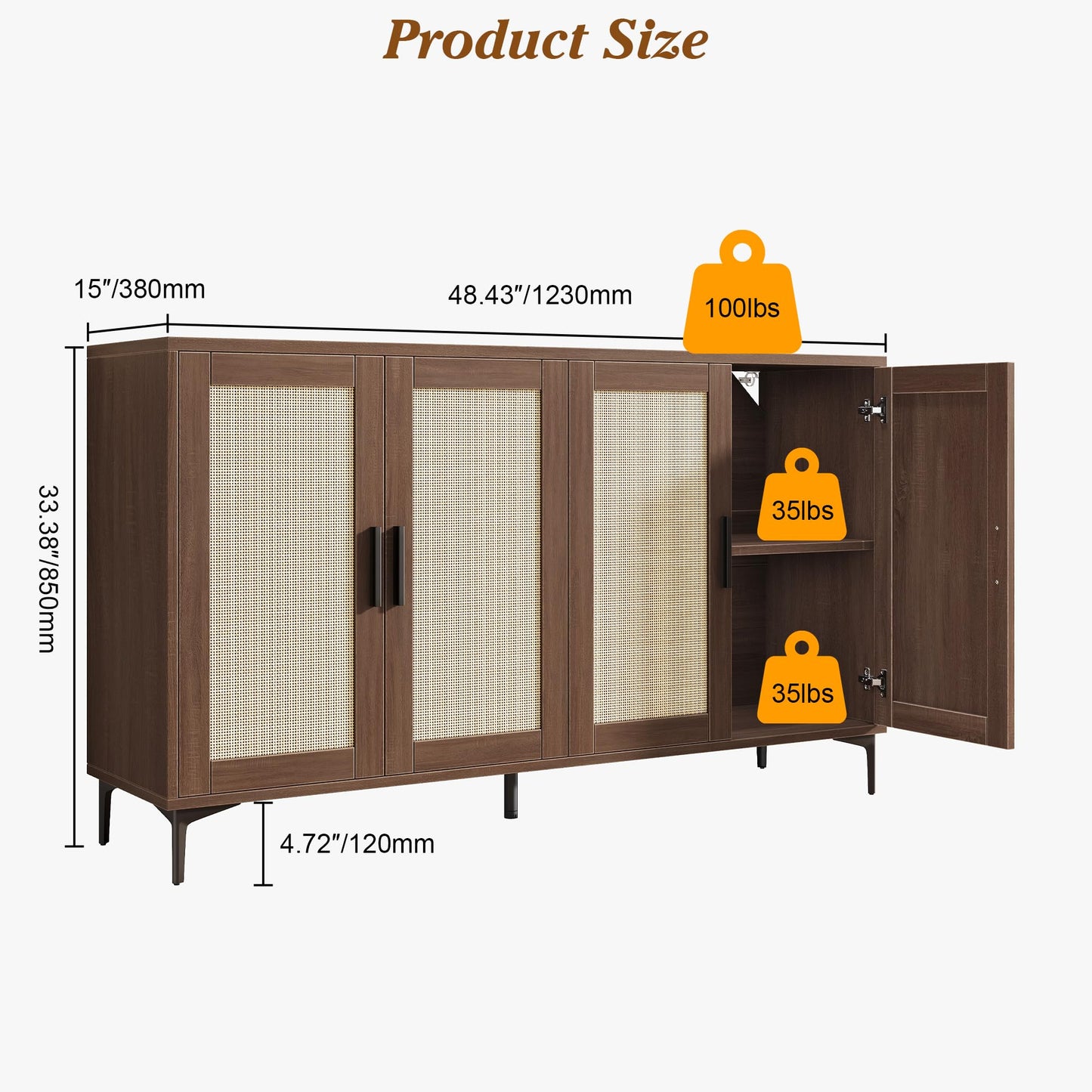JASIWAY Buffet Cabinet with Storage, 48" Rattan Sideboard with Adjustable Shelves, Modern Coffee Bar Cabinet Console Table with Doors, Credenza for Kitchen, Living Room, Entryway, Dining Room, Walnut