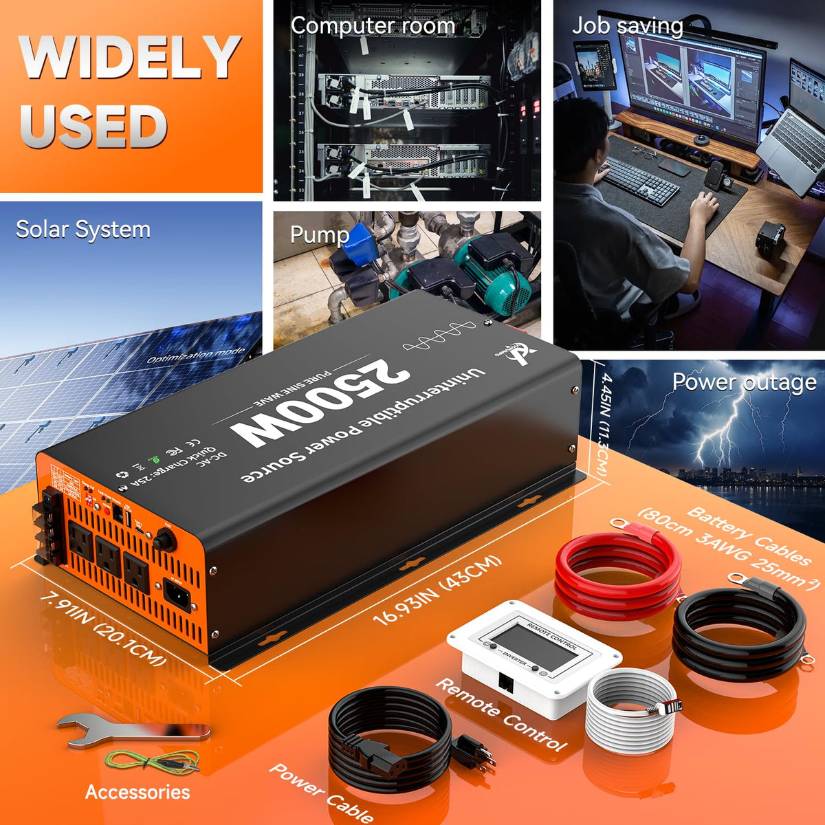 2500 Watt Sump Pump Battery Backup System, Pure Sine Wave Output, Professional Backup System in The Event of a Power Outage, Remote Controller with LCD Screen, Automatic Grid and Battery Switchover