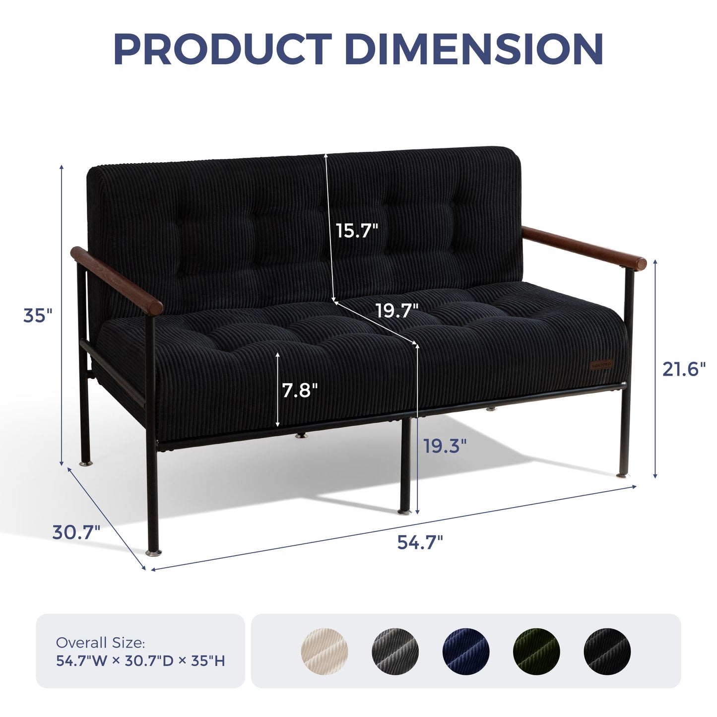 MAXYOYO Loveseat Sofa, Button Tufted Upholstered Small Couch for Living Room, Modern Love Seat Couches with Metal Frame & Wood Armrests for Bedroom Office, Easy to Install, Black