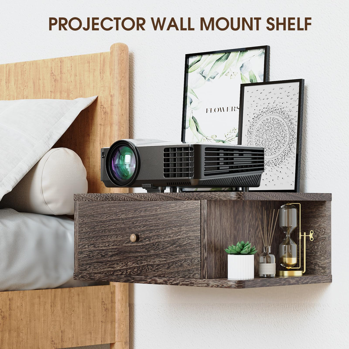 Floating Projector Stand Wall Mount - Modern Media Console Shelf Cabinet with Magnetic Door, 16.7" x 10.9" x 7.8", Open & Hidden Storage for Projector, Router, DVD Player, Cable Box