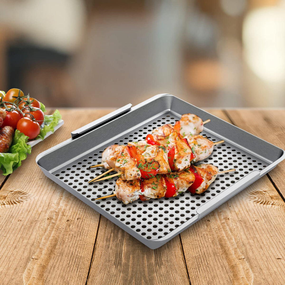Yukon Glory™ BBQ 'N SERVE Wide BBQ Grill Basket The Grilling Basket Includes a Clip-On Handle - Perfect Grill Baskets for Outdoor Grill Vegetables or Fish Basket & Meat