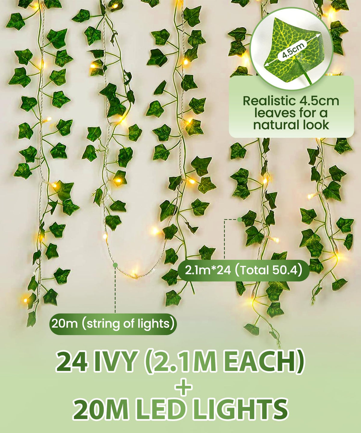 KASZOO 24Pack / Each 82 inch, Artificial Ivy Garland Fake Plants with 160 LED String Light, Green for Wedding Party Garden Outdoor Greenery Wall Decoration