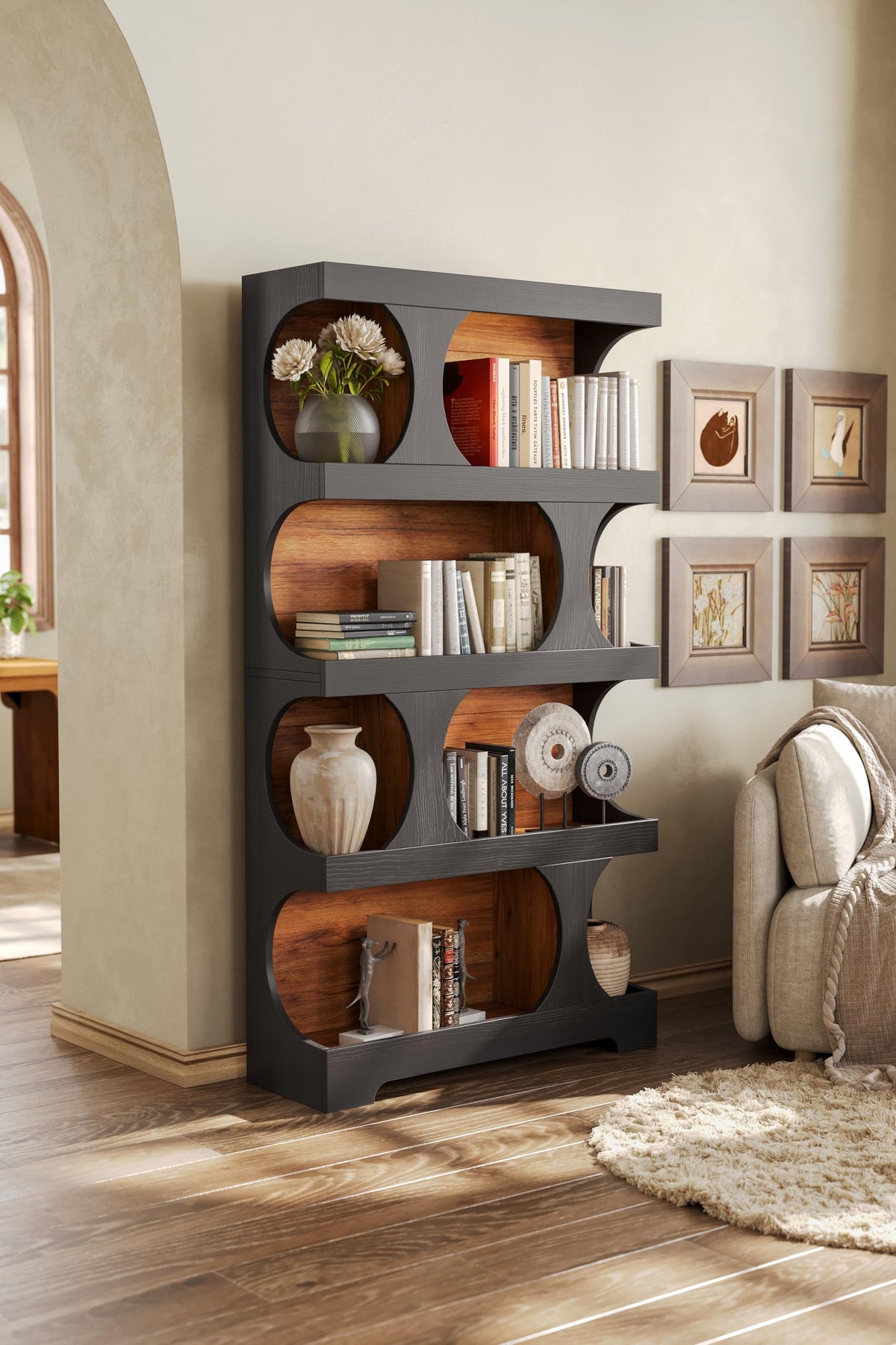 LITTLE TREE 4-Tier Large Bookshelf, 70.8-Inch Tall Bookcase with Storage Shelves, All Wooden Modern Display Rack, Black Open Book Shelf for Living Room, Bedroom, Office