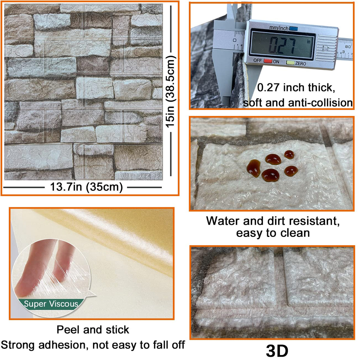 10PCS 3D Wall Panels Peel and Stick 3D Brick Wallpaper Peel and Stick Faux Stone Wall Panel Foam Brick Self-Adhesive Wallpaper (Rock,10pcs)