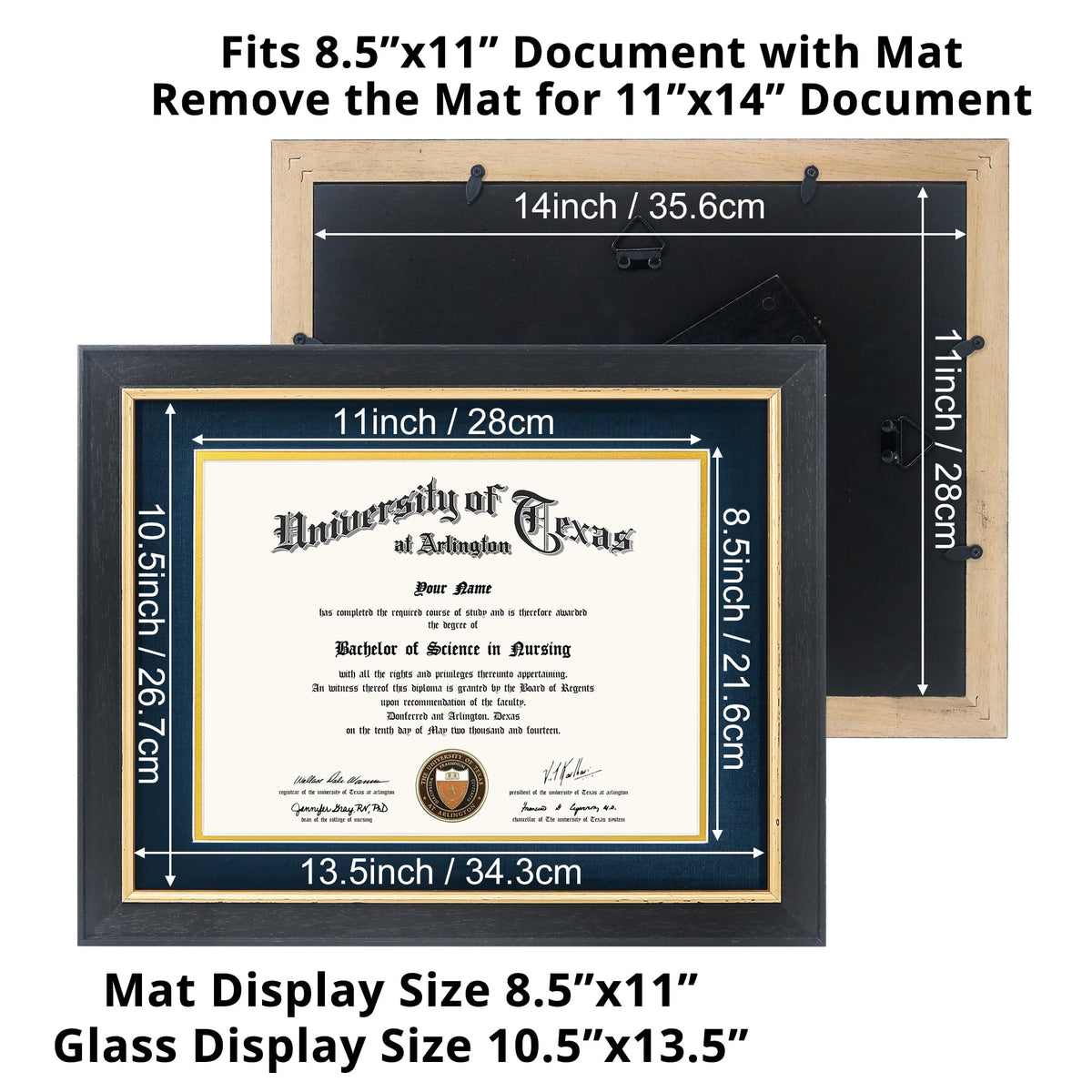 GMFrames 8.5x11 Wood Diploma Frame with Navy Mat or Display 11x14 Certificates without Mat,Tempered Glass,Rustic Black Finish with Gold Trim