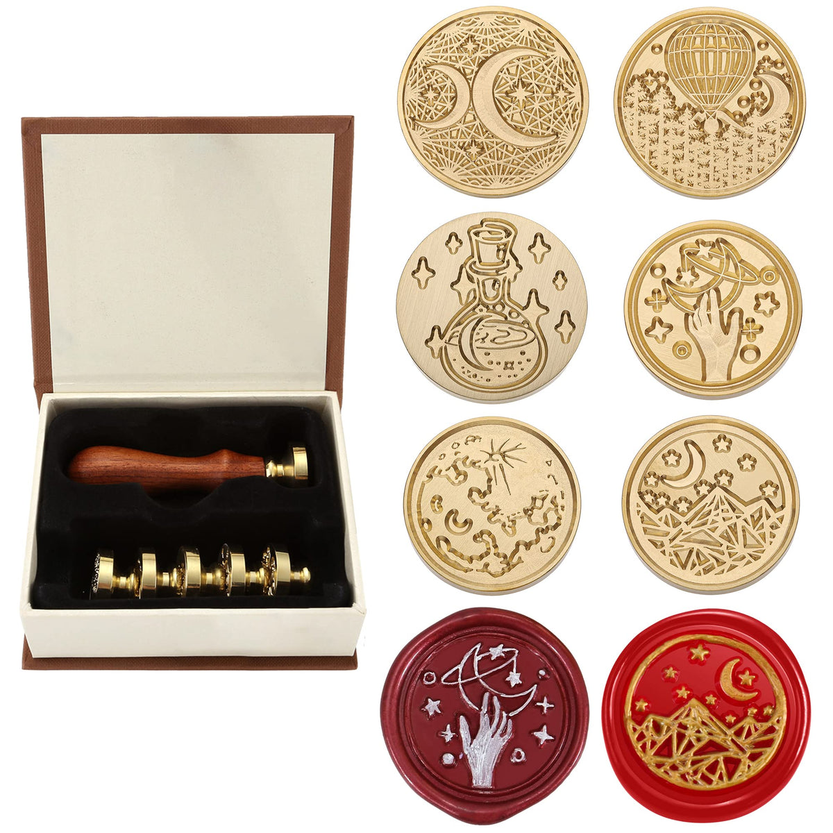 Yoption 6 Pcs Wax Seal Stamp Set, Vintage Moon and Star Sealing Wax Stamps Kit, Wooden Handle with Brass Head for Wedding Christmas Invitation Gift Cards