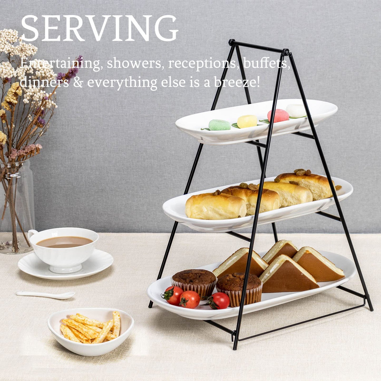 UNICASA 3 Tier Serving Tray for Parties – White Oval Porcelain Serving Platters and Trays with Collapsible Metal Stand – Tiered Dessert Stand for Cake, Snacks, Appetizers, Fruits, Chips & Dips