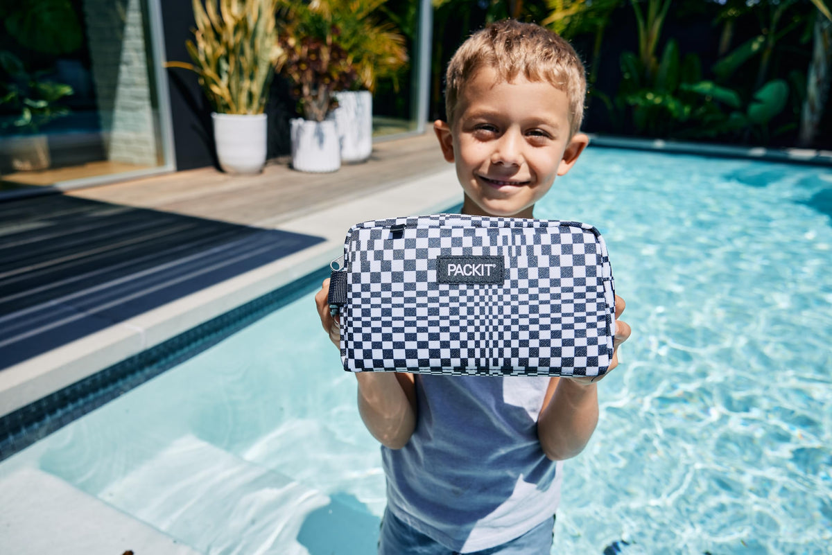 PackIt Freezable Classic Lunch Box, Checked Out, Built with EcoFreeze Technology, Collapsible, Reusable, Zip Closure With Zip Front Pocket and Buckle Handle, Perfect for School Lunches