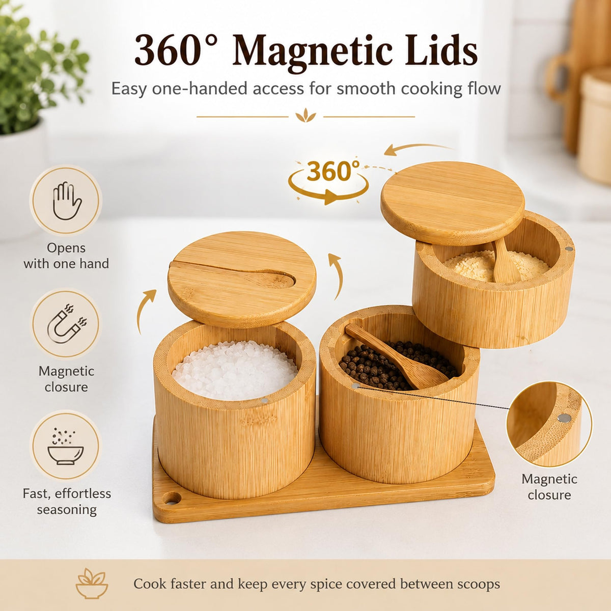 Bamboo Salt Cellar Set with Tray, Single & Double-Tier Salt and Pepper Cellar with Spoon & Magnetic Swivel Lid, 16 Labels, Spice Containers for Salt, Sugar, Pepper, Spices, Kitchen Organizer 9OZ Each