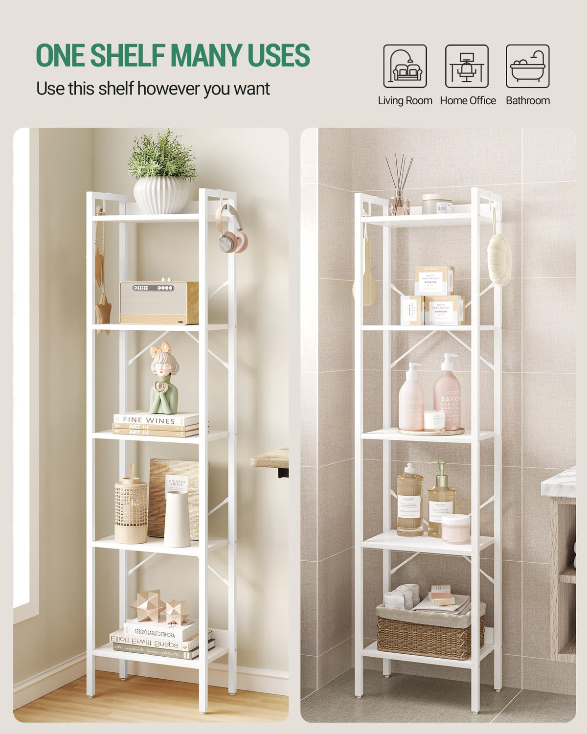 Hzuaneri Bookshelf, Book Shelf, Industrial Bookcase with 2 Hooks, Coner Shelf Storage Organizer for Home Office, Living Room, Bedroom, Kitchen, 5-Tier White BC10513W