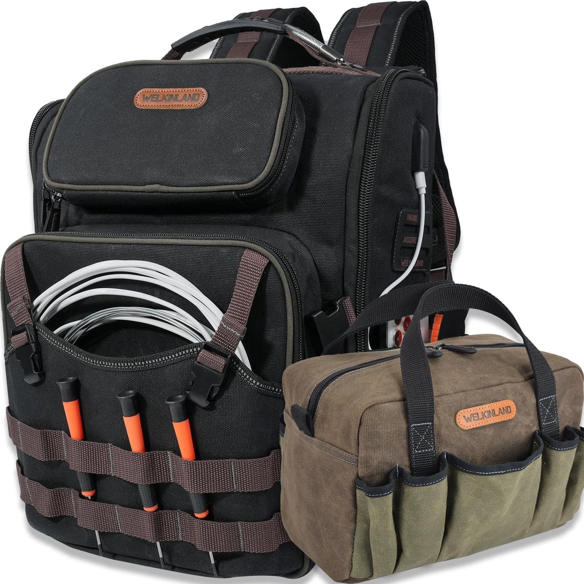 WELKINLAND 60-Pocket Electrician Backpack & Tool Bag Set, Heavy-Duty HVAC Backpack, Waterproof Wax Canvas Tool Back pack, Full-Open Mechanic Tool Back pack, Technician Backpacks