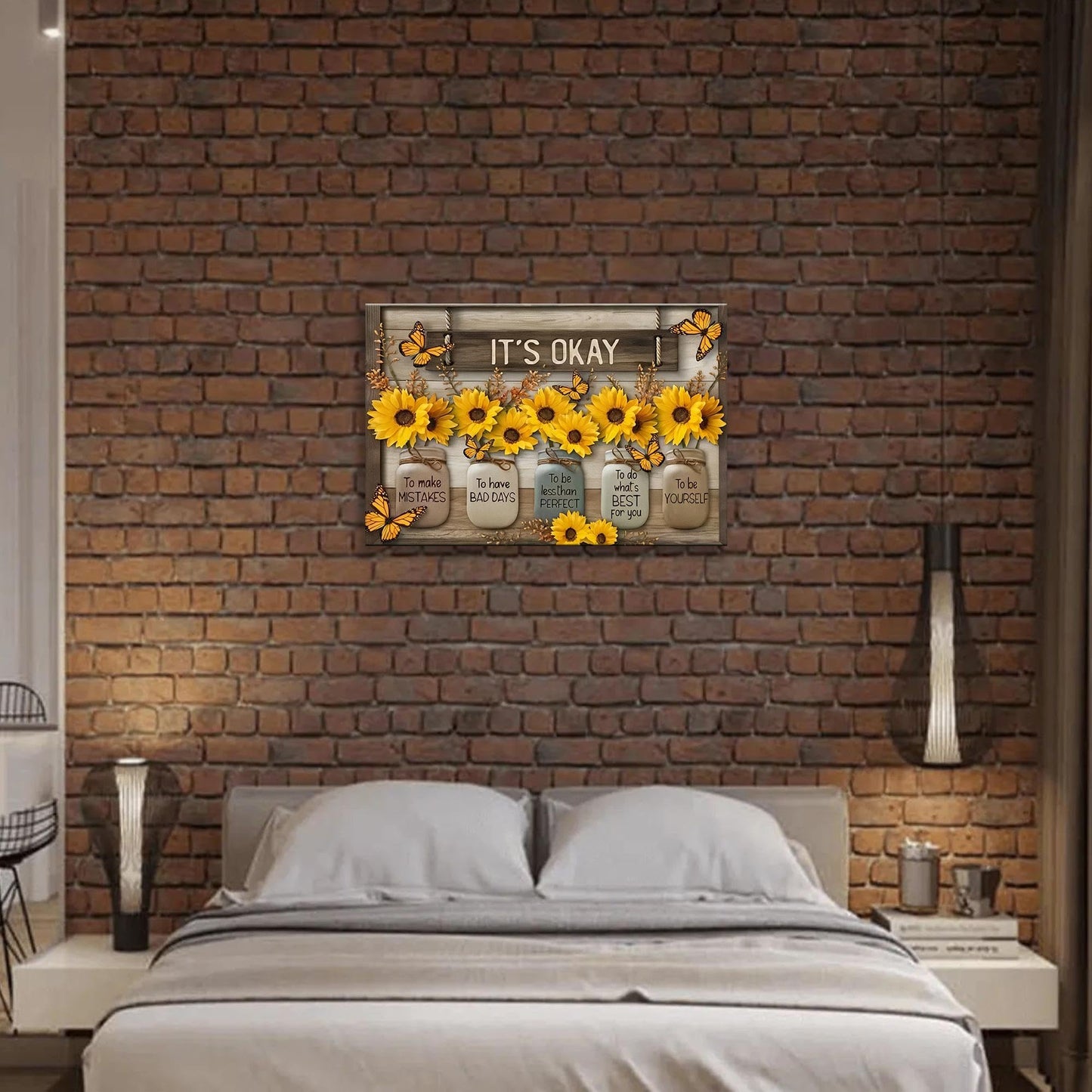 HYFBH Rustic Farmhouse Sunflower Wall Art Framed It's Okay Inspirational Quotes Post Yellow Sunflower Pictures Wall Decor Prints Artwork Canvas for Living Room Kitchen Office Ready to Hang 16x24In