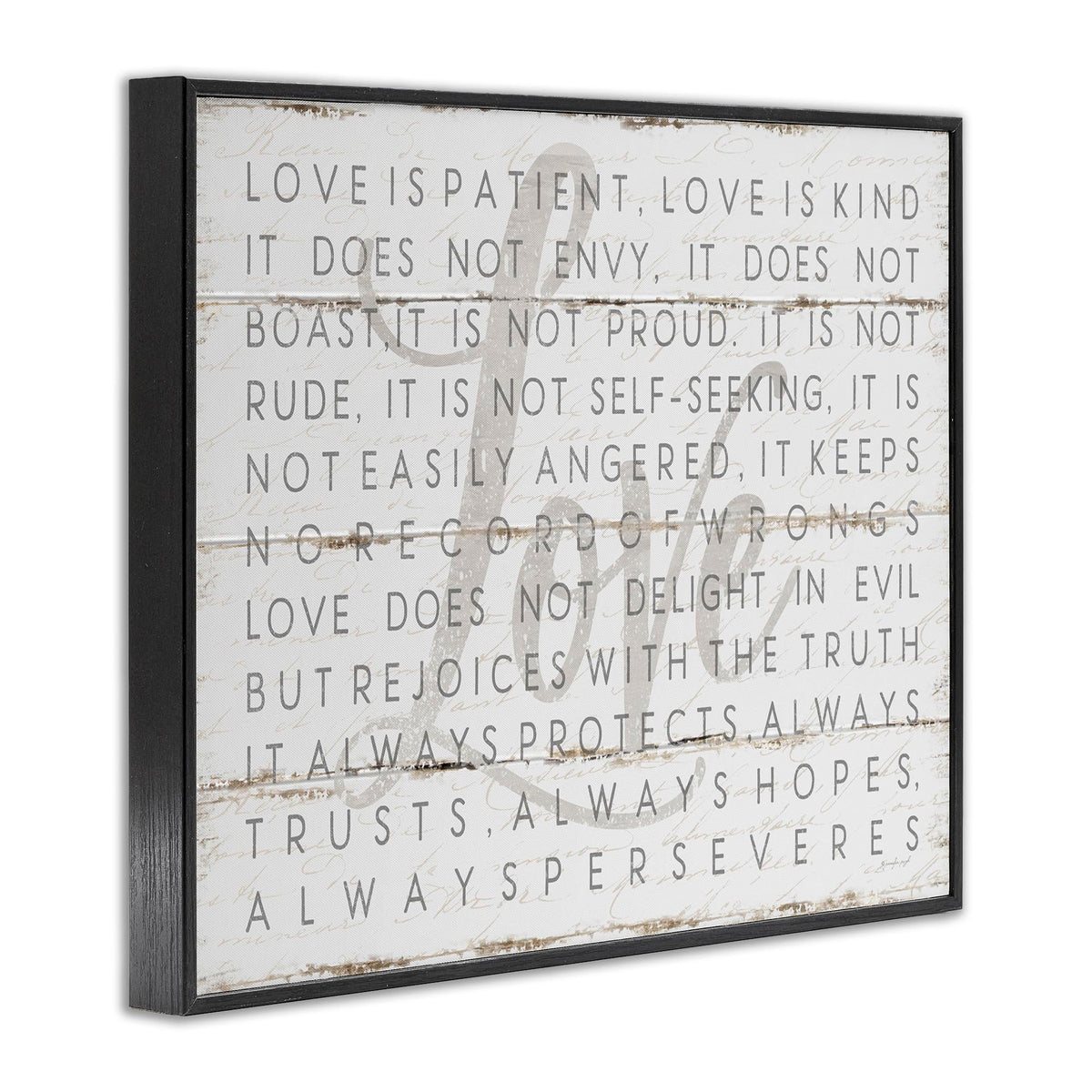 Stupell Industries 'Love Is Patient Grey on White Planked Look', Framed Giclee Art, Black, 14 x 11 Inches, Easy to Hang and Sturdy, Made in USA, by Jennifer Pugh