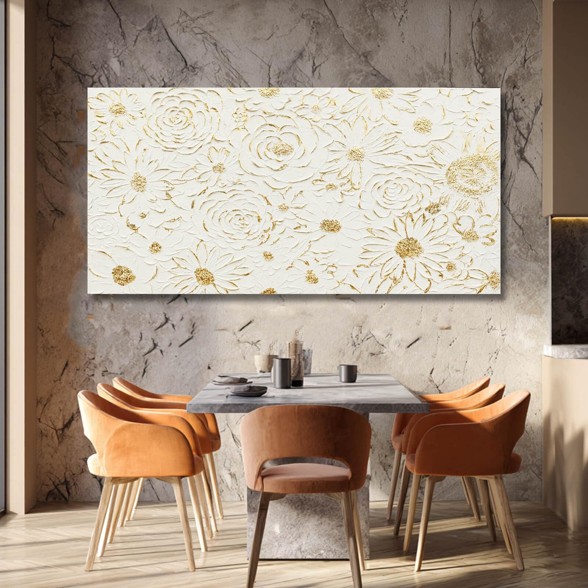 YJYart Large White Canvas Wall Art, Gold Flowers Wall Art for Wall Decor,Office Arts,Living Room or Bedroom Artwork Picture, Hallway Decoration 24"x48"