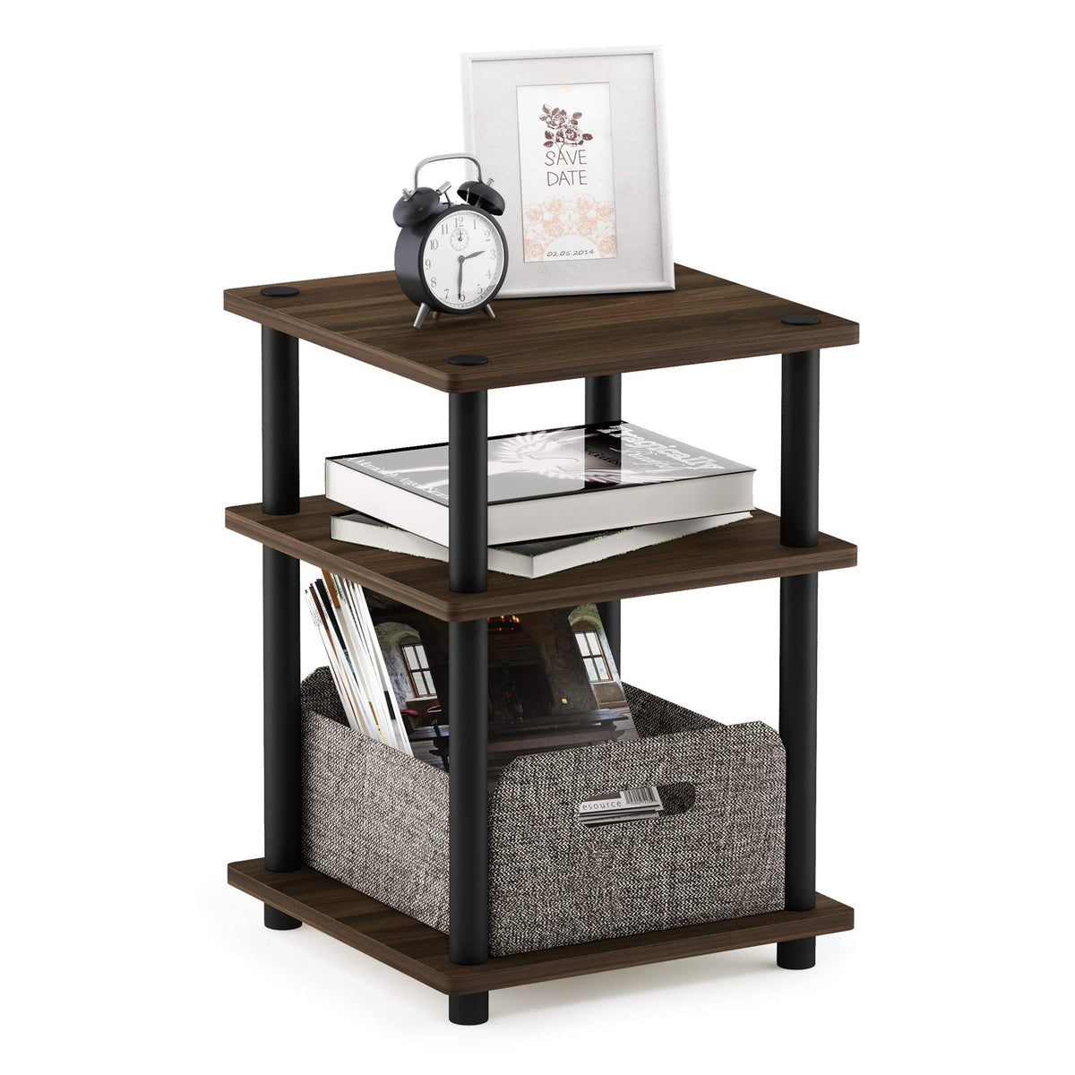 Furinno Turn-N-Tube Side Table, 3-Tier Square Modern End Table, Open Shelves Nightstand, Night Stand, Bedside Table, Easy Assembly, for Living Room, Bedroom, Columbia Walnut