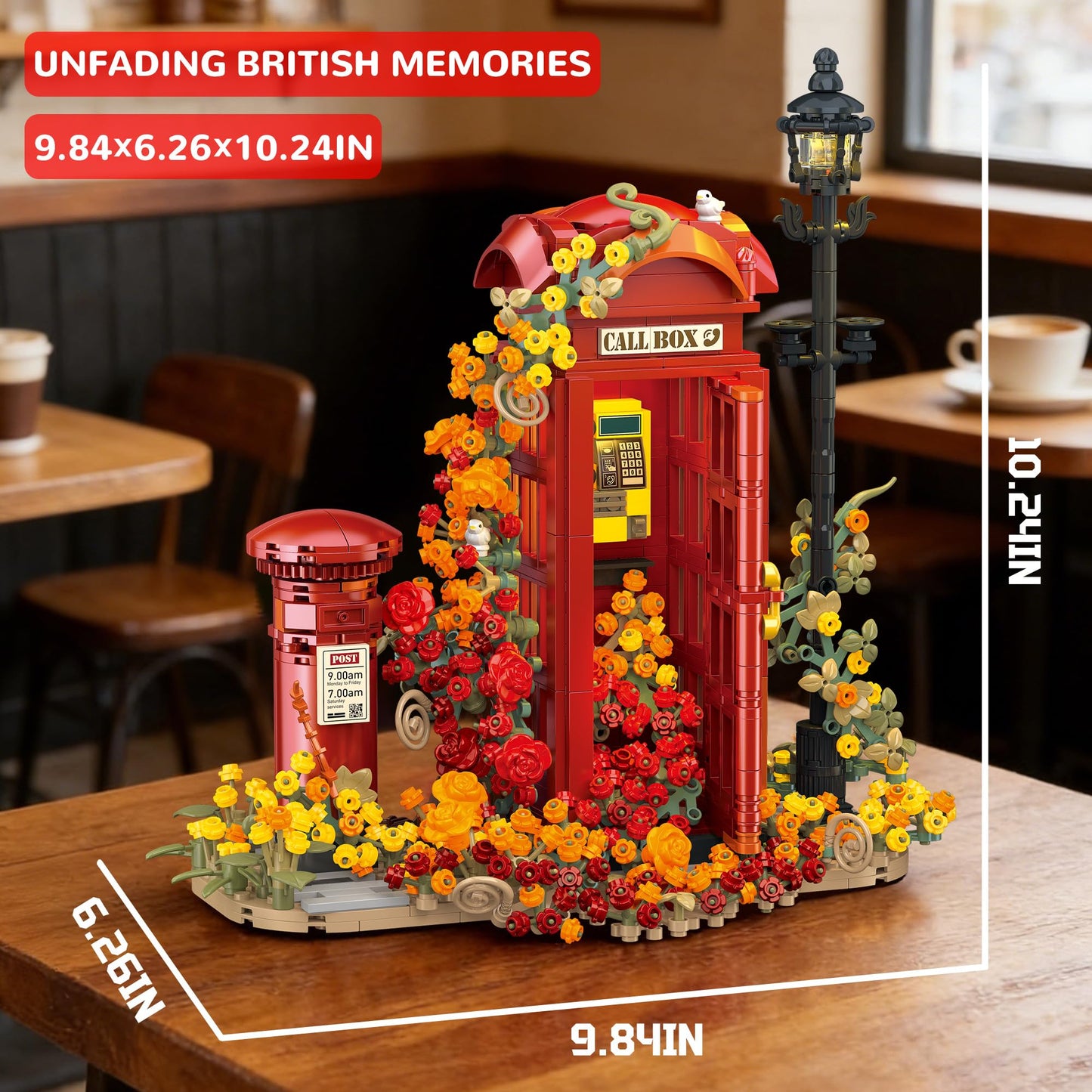 chanbrick Red London Telephone Box Building Set with Roses Flower for Adults Girls, Mailbox Phone Booth Retro Model Souvenir for Home or Office Decor - 1142PCS
