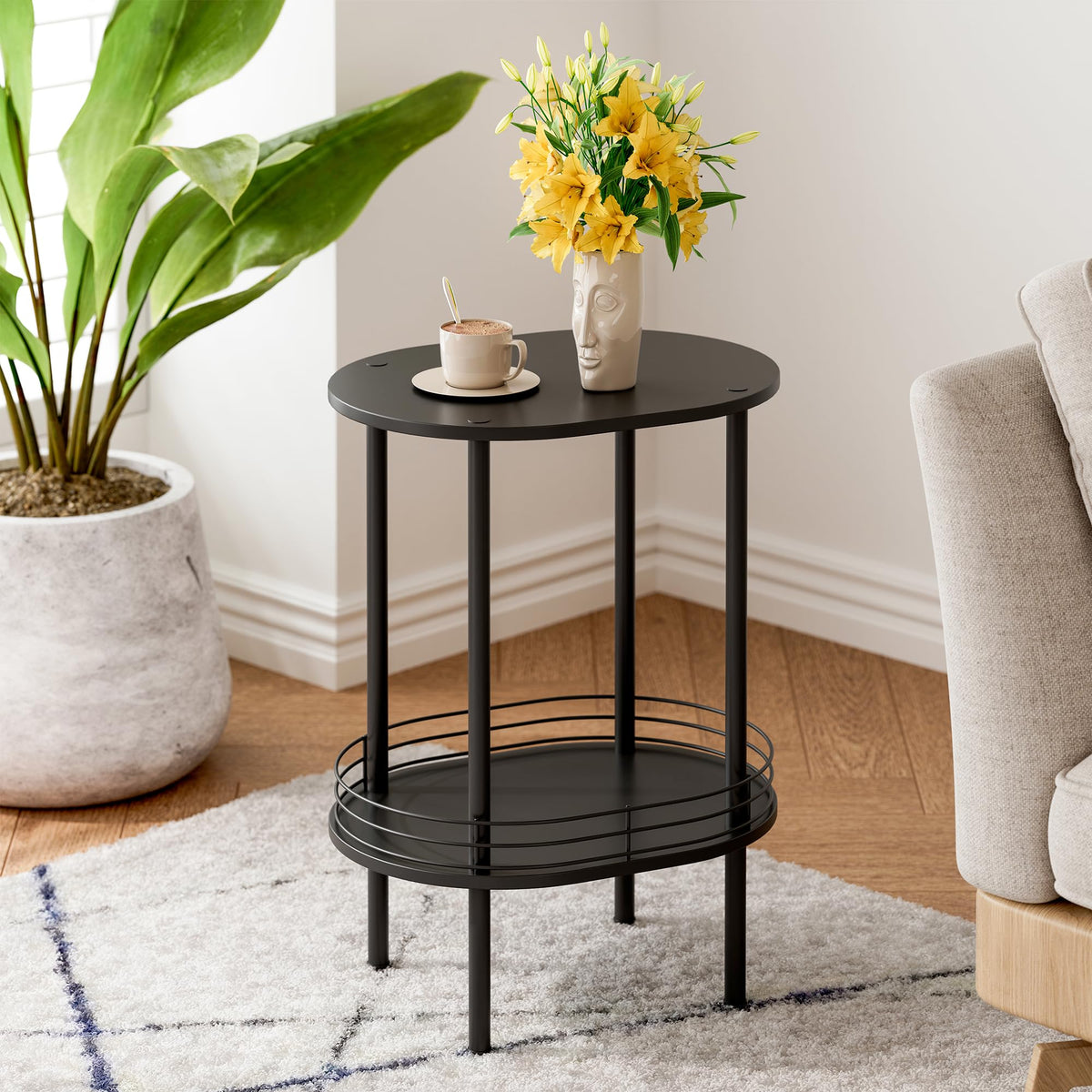 Small Modern Oval Side Table with Storage,2-Tier Side Tables Living Room,Sturdy Nightstand for Small Space - Living Room, Bedroom, Bathroom, Nursery,（1 PC,Black）